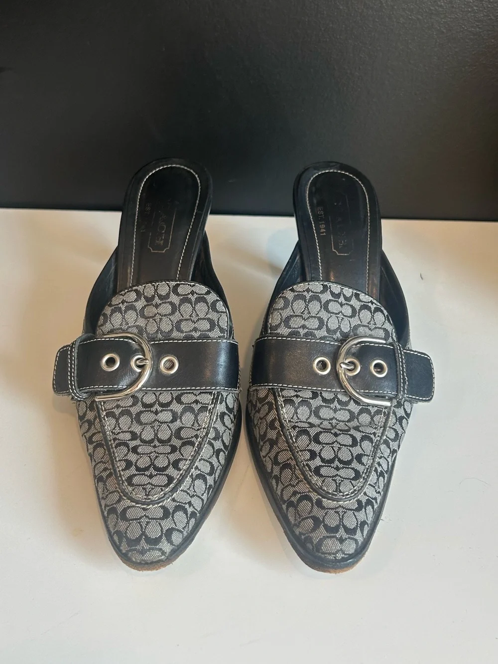 Vintage Coach Monogram Mules Pointed Toe Kitten Heel Buckle Clasp Black Gray Y2K